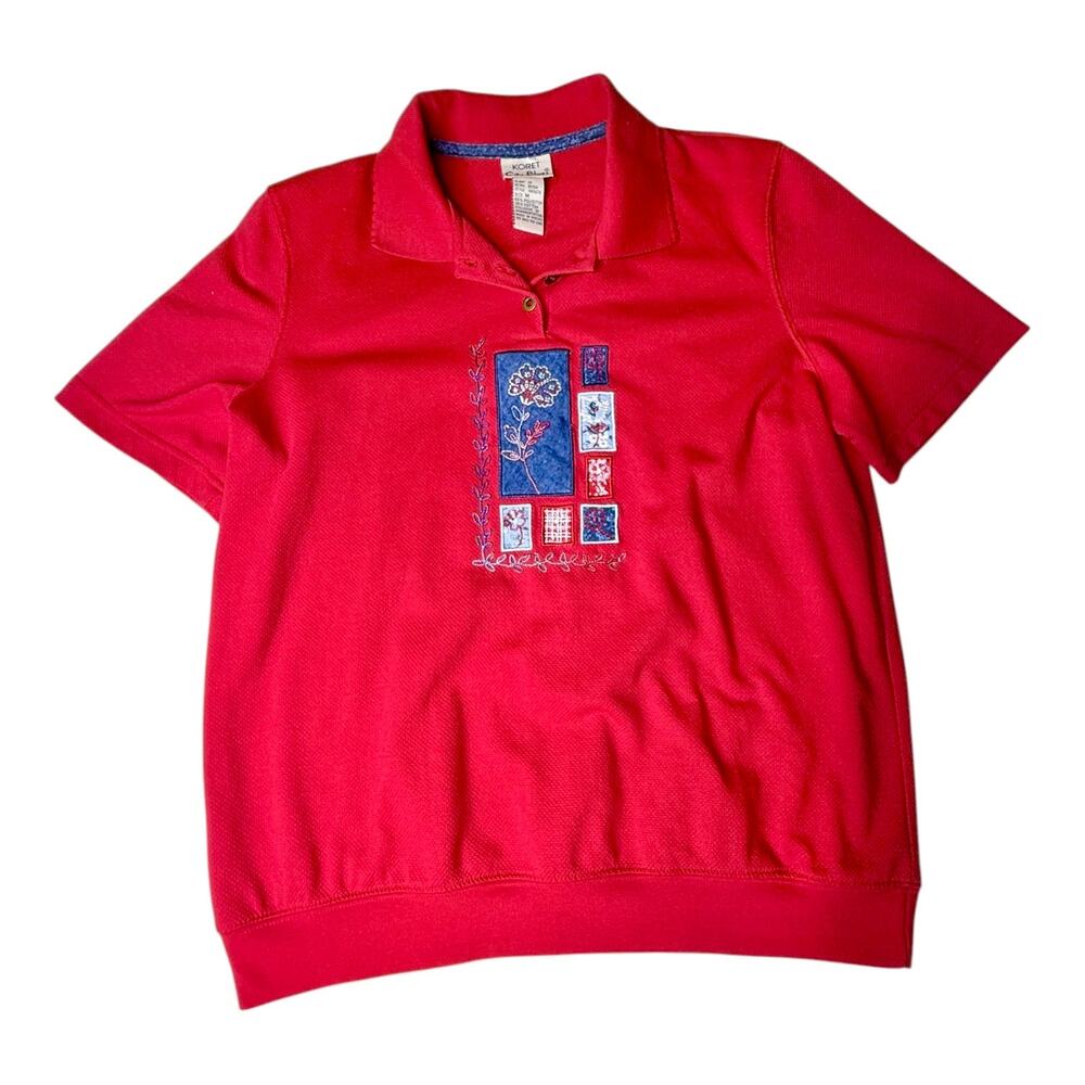 Koret City Blues Collared Pullover Embroidered Floral Red Sweatshirt Women's Med